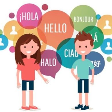 animated drawing of children with language bubbles